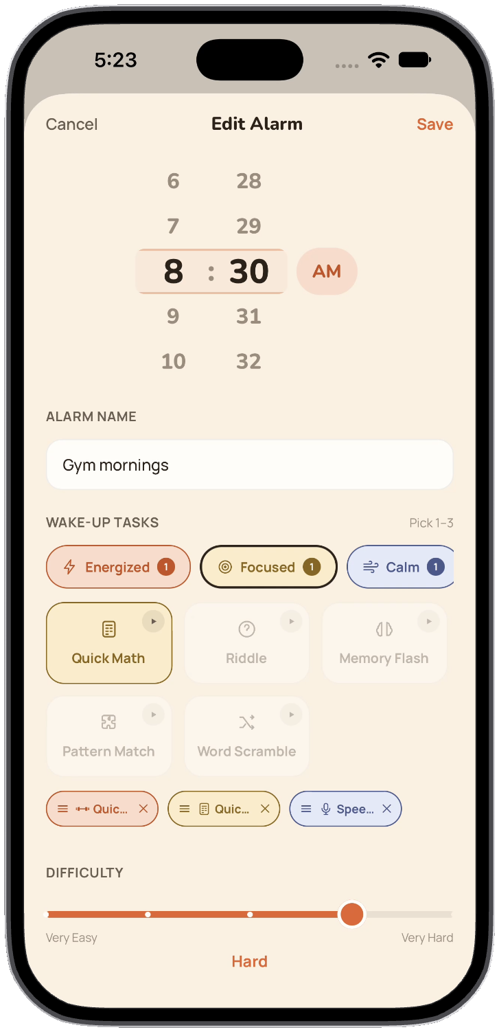 Editing an alarm in Rise, with Energized and Focused feelings picked and Quick Math among the wake-up tasks