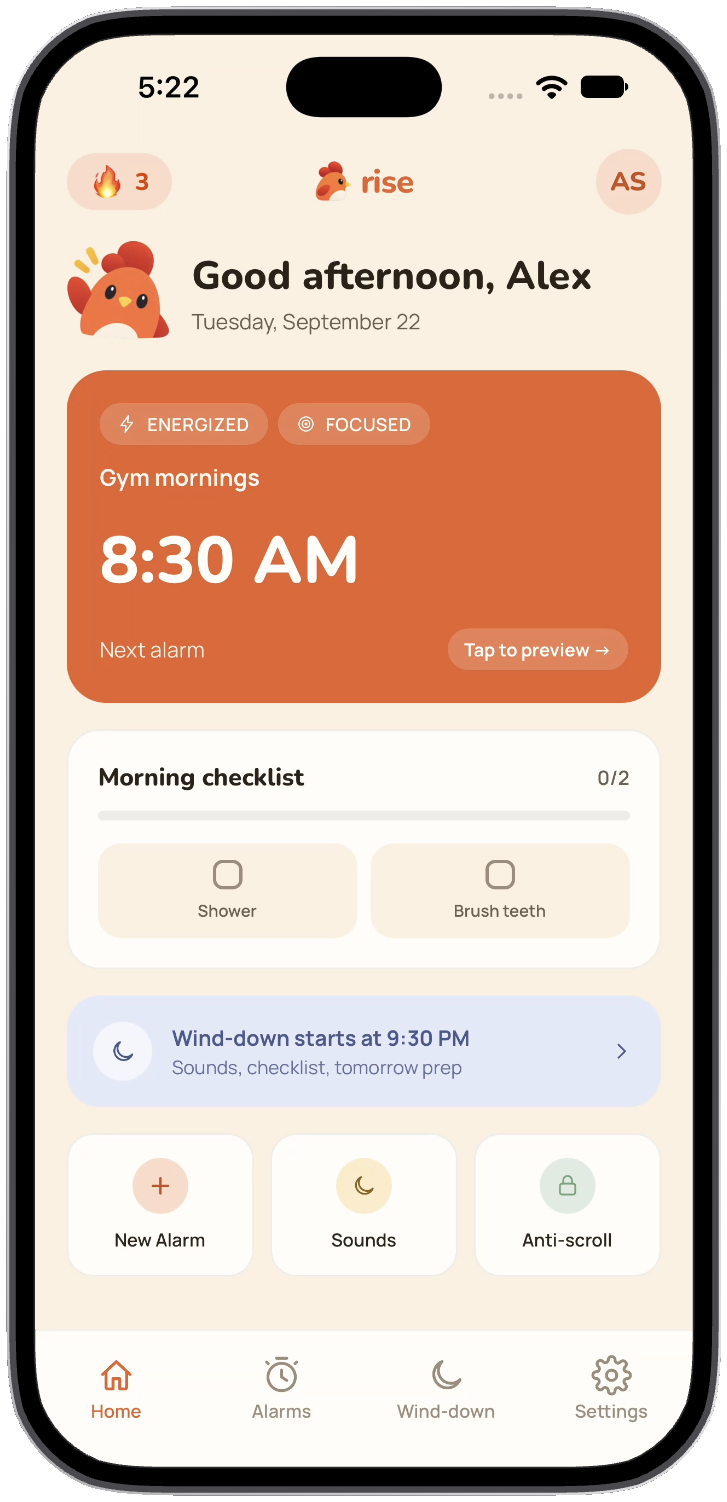 The Rise app's Home screen on an iPhone, showing today's alarm, morning checklist, and quick actions