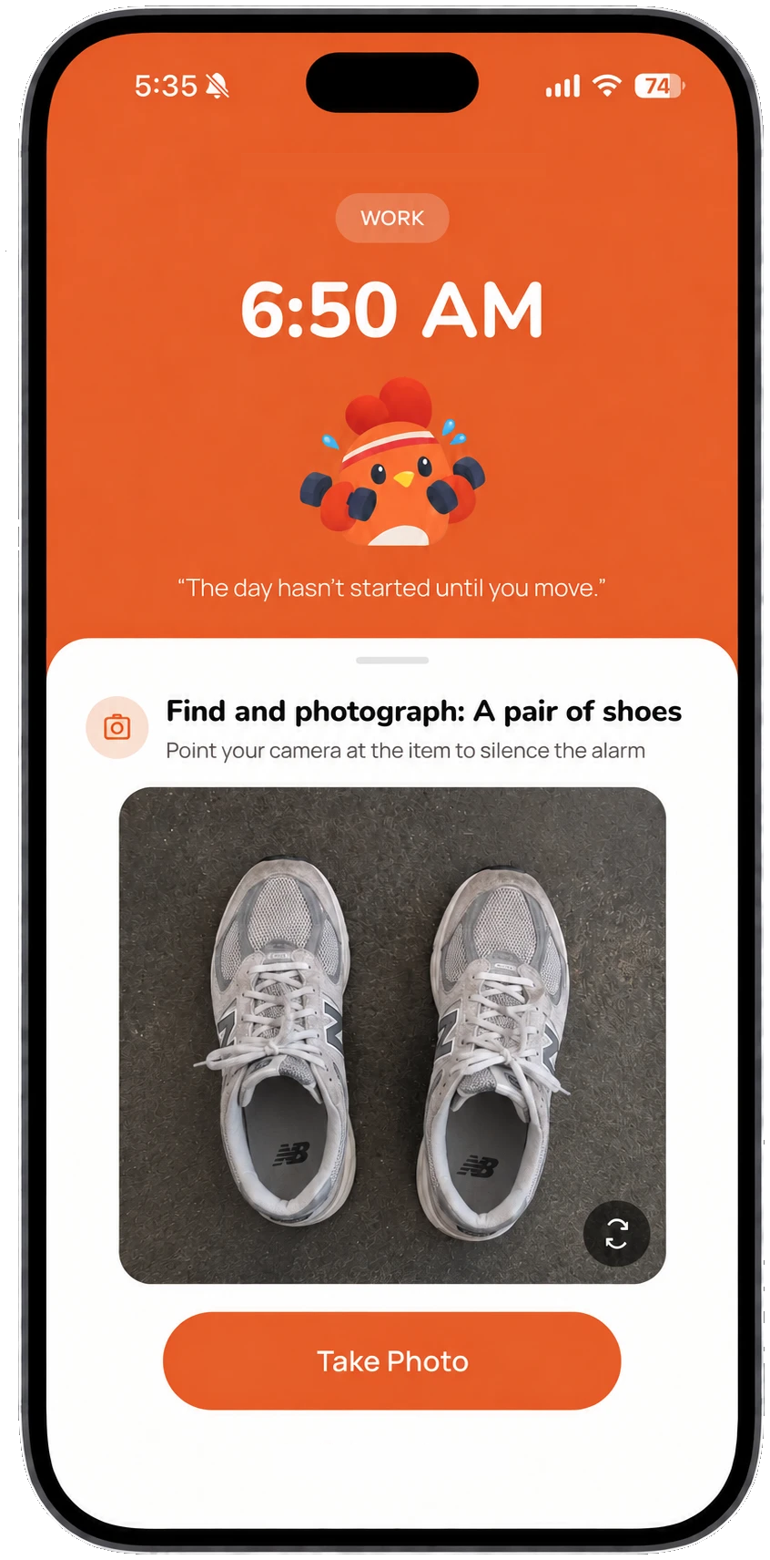 Rise's wake screen mid-task, asking the user to find and photograph a pair of shoes to silence the alarm