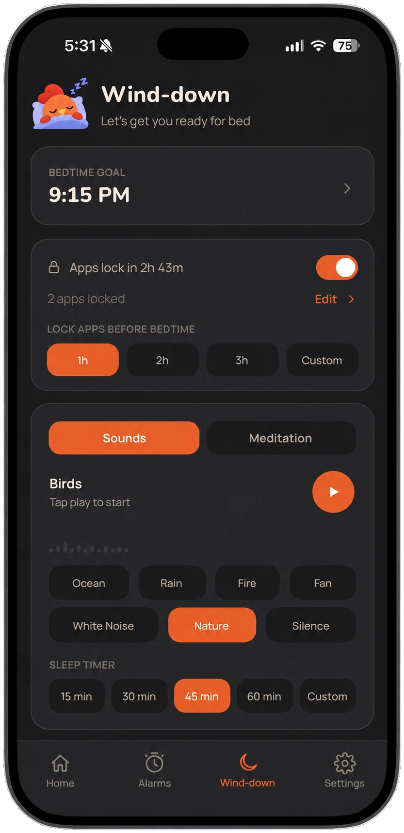 The Rise app's Wind-down screen, showing the bedtime goal, an apps-lock countdown, and ambient sound picker